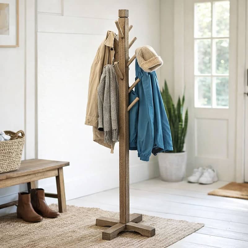 Rena Coat, Hat Tree Stand, 8 Wood Stems, 72 Inch Light Brown Mahogany