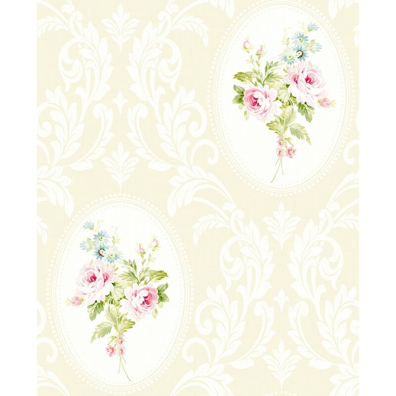 Seabrook Designs Francesca Framed Bouquet Damask Unpasted Wallpaper - 20.5 in. W x 33 ft. L - French Vanilla