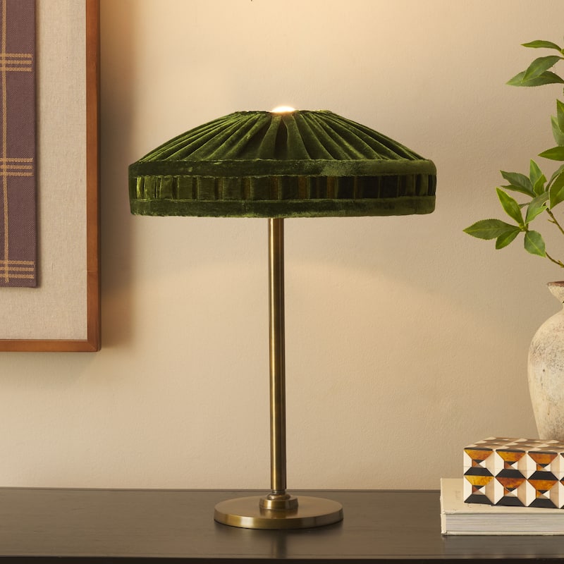 SAFAVIEH Lighting Josie Table Lamp 19-Inch with Velvet Shade - 14"W x 14"D x 19"H - Green/Antique Brass