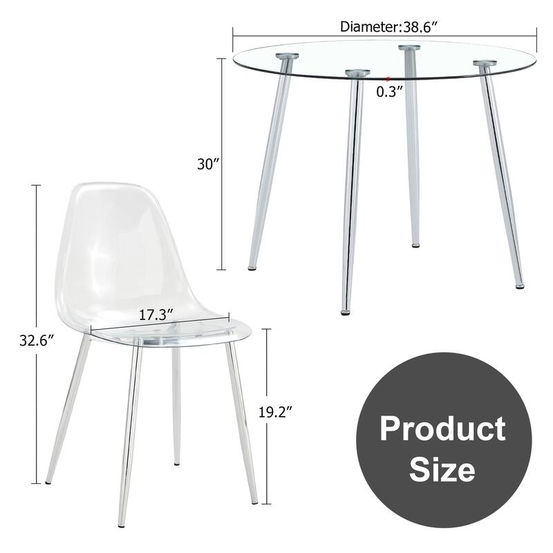 5-Piece Dining Table Set.A 38.6" Transparent Tempered Glass Round Dining Table with 4 Transparent Plastic Dining Chair