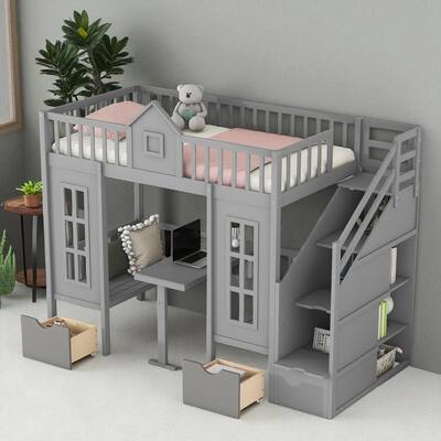 Twin Over Twin Bunk Bed with Convertible Desk, Wood Loft Frame with Fence Headboard, No Box Spring Needed