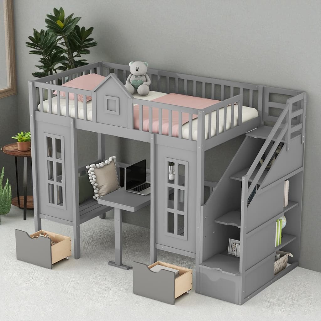 Twin Over Twin Bunk Bed with Convertible Desk, Wood Loft Frame with Fence Headboard, No Box Spring Needed