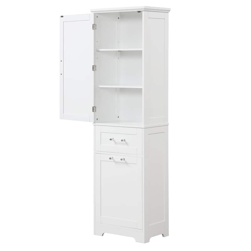 68" Tall Wood 1-door Bathroom Cabinet in White with Drawers and Adjustable Shelf