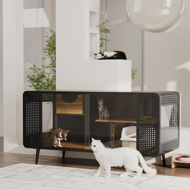 Anmytek 55.12" Spacious Cat House Tempered Glass Indoor Cat Furniture Living Room Pet House
