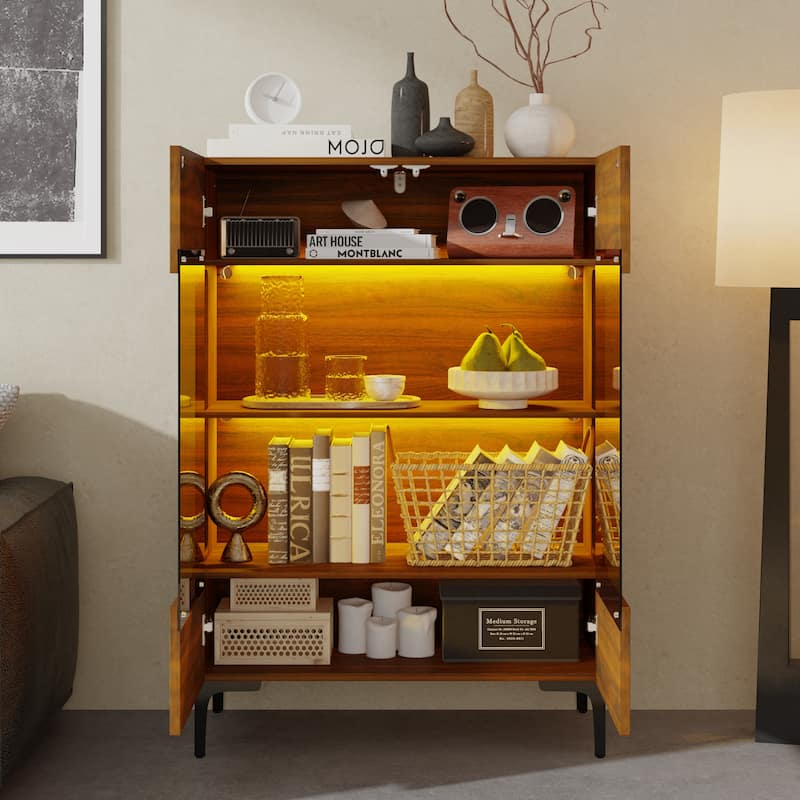 Walnut Glass Bookcase Bookshefl w/Cabinet Storage LED Display Shelves Bathroom or Living Room - 31.5"x45.3"