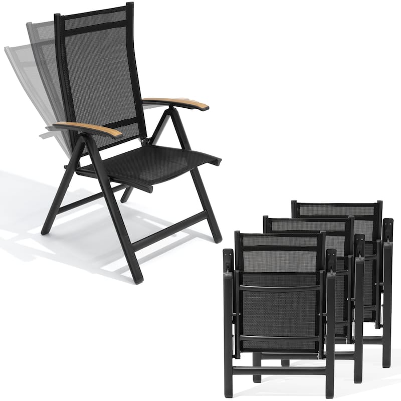 Outdoor Patio Aluminum Folding Chairs Set with Adjustable Backrest, Solid Wood Armrest - Black - 4PC