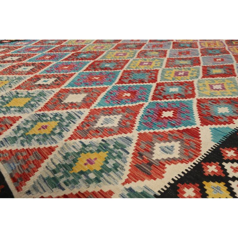 Reversible Oriental Kilim Area Rug Hand-Woven Multi-Color Wool Carpet - 8'3" x 9'8"
