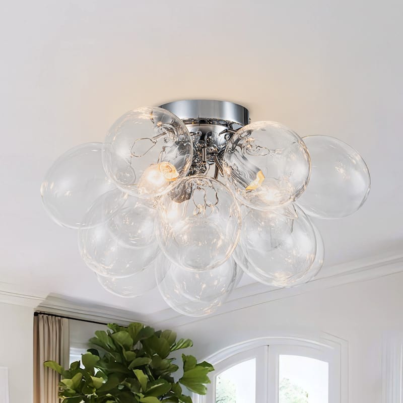 Starsky 3-Light 17in. Contemporary Glass Bubble Semi Flush Mount - Clear Bubble - Chrome