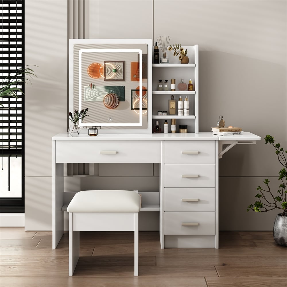 Fashion Vanity Desk with Mirror and Lights, Open Shelves and Chair