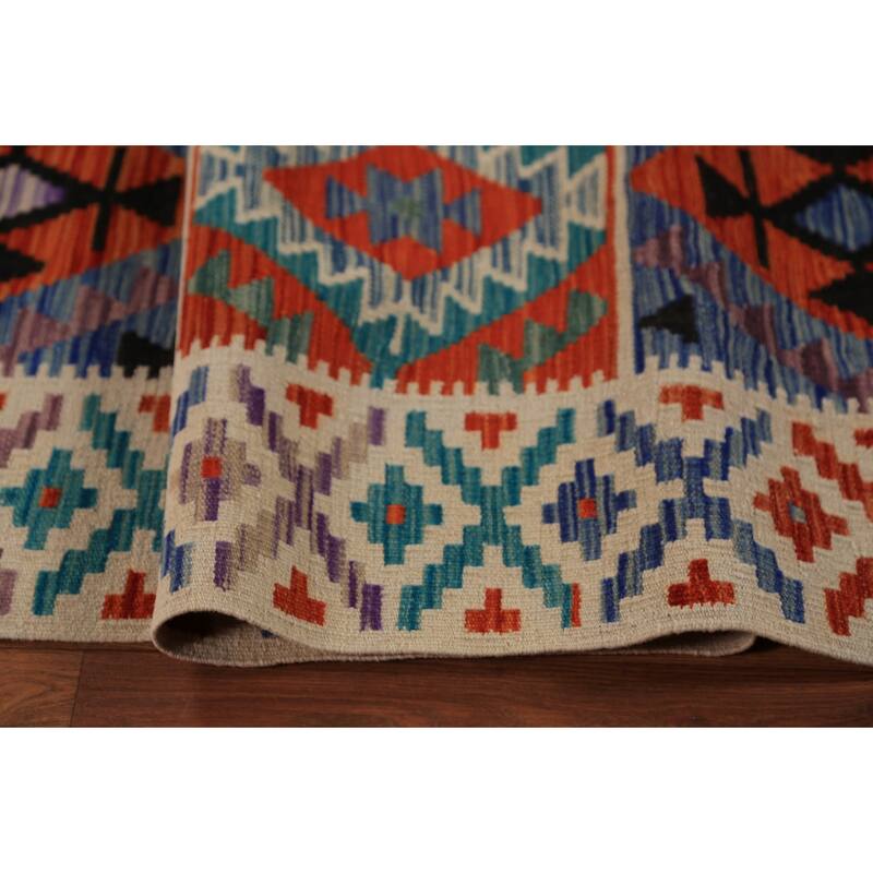 Geometric Kilim Oriental Area Rug Hand-Woven Multi-Color Wool Carpet - 8'4"x 11'6"