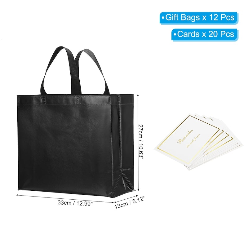 Gift Bags with Cards, 12 Set 13" Reusable Non-Woven Gift Goodie Bags - 13"x11"x5" - Black