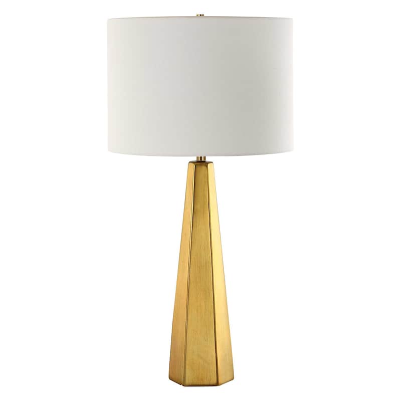 Table Lamp, White Linen Shade, Gold Ceramic Geometric Base, 28 Inch