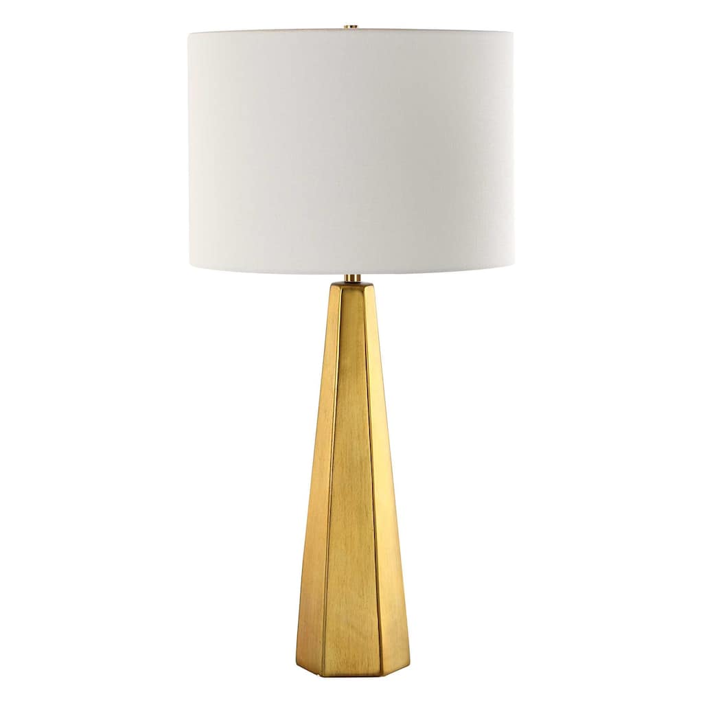 Table Lamp, White Linen Shade, Gold Ceramic Geometric Base, 28 Inch