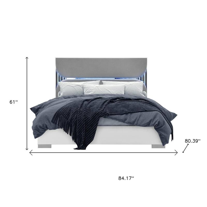 HomeRoots White and Gray Wood And Upholstery Lighted King Bed Frame