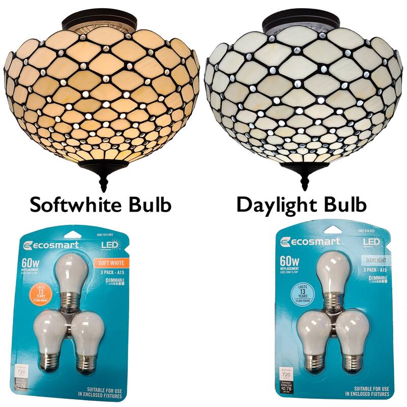 Tiffany Style Ceiling Fixture Lamp Jeweled Semi-Flush 16" Wide Stained Glass White Bedroom Gift AM086CL16B Amora Lighting