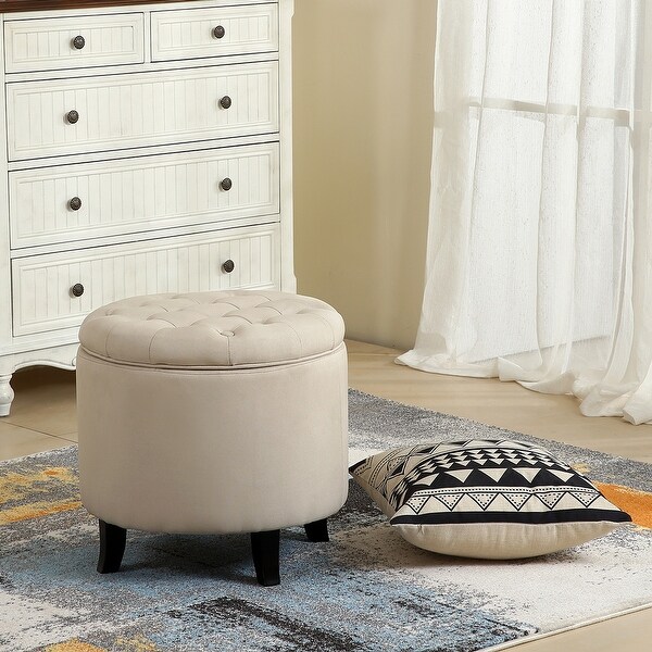 Belleze Modern Button Tufted Accent Storage Ottoman Lift Top Footstool 17-3/4" Round, Beige