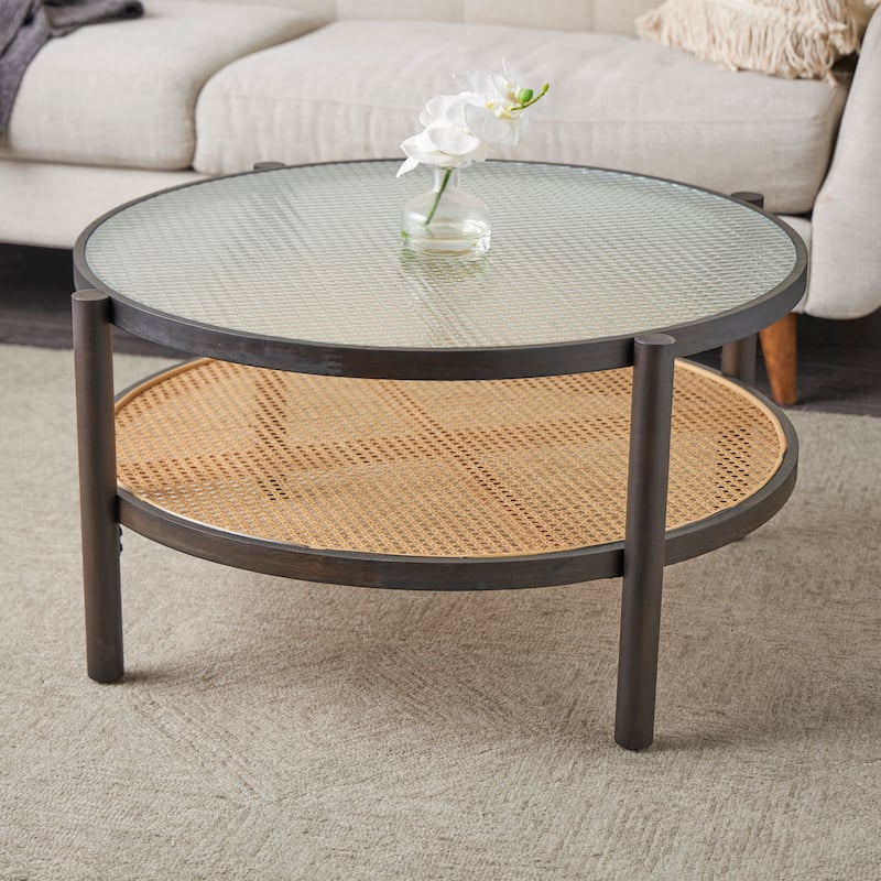 Brown Rattan Accent Table with Pressed Tempered Glass Top - Brown - 34"W, 17"H