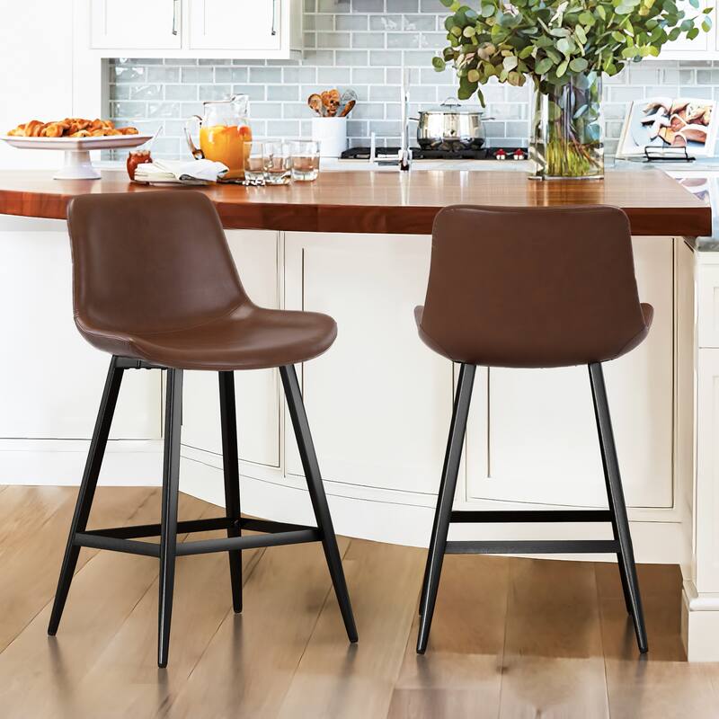 LUE BONA Metal Frame Bar Stools Counter Height Stools with Faux Leather Seat (Set of 2) - Dark Brown-24in. - Counter Height