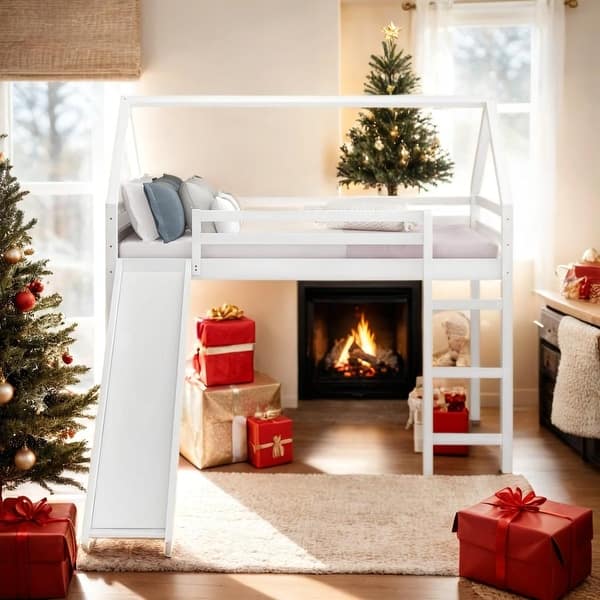 slide 2 of 33, Contemporary Design Twin Loft House Bed with Ladder and Slide, Maximized Space Saving, Health and Comfort White