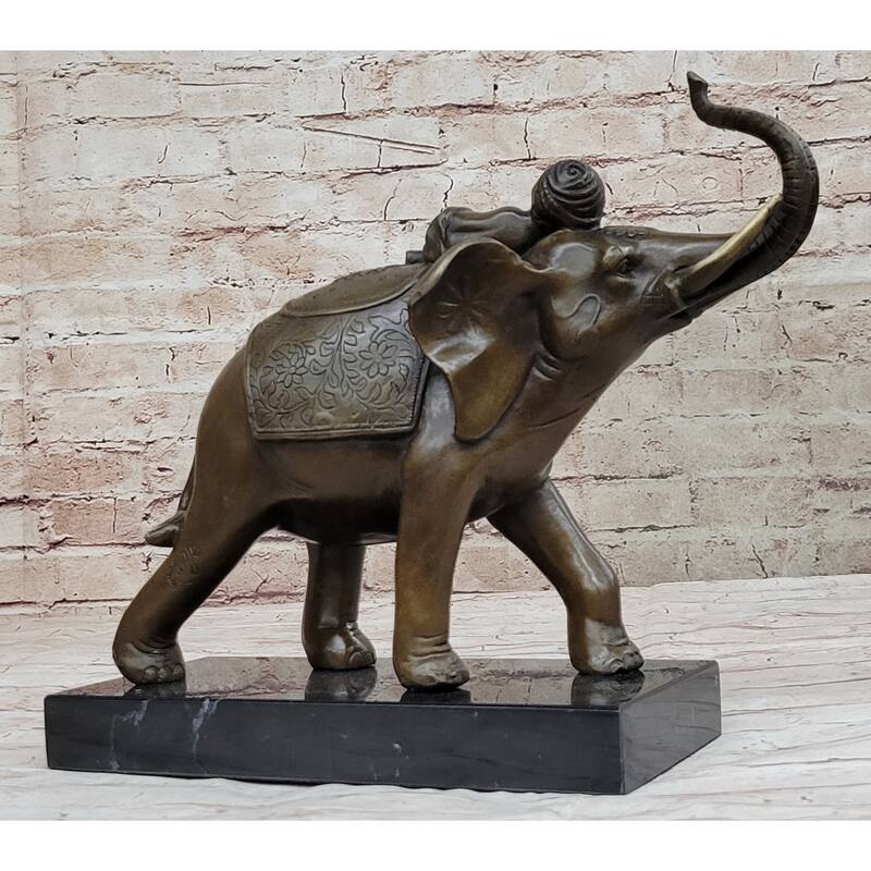 Boy Child Sleeping On Indian Imitative Elephant Bronze Statue Sculpture Decor On Marble Base