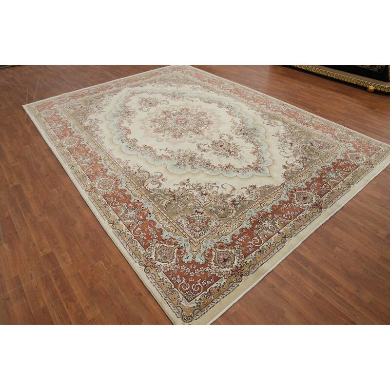 Traditional Tabriz Turkish Area Rug Machine-Made Beige Floral Carpet - 9'7" x 13'5"