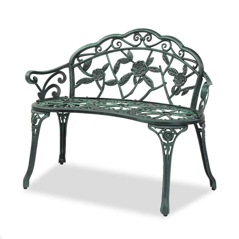 Outdoor Cast Aluminum Patio Bench with Curved Legs Rose Pattern - Green