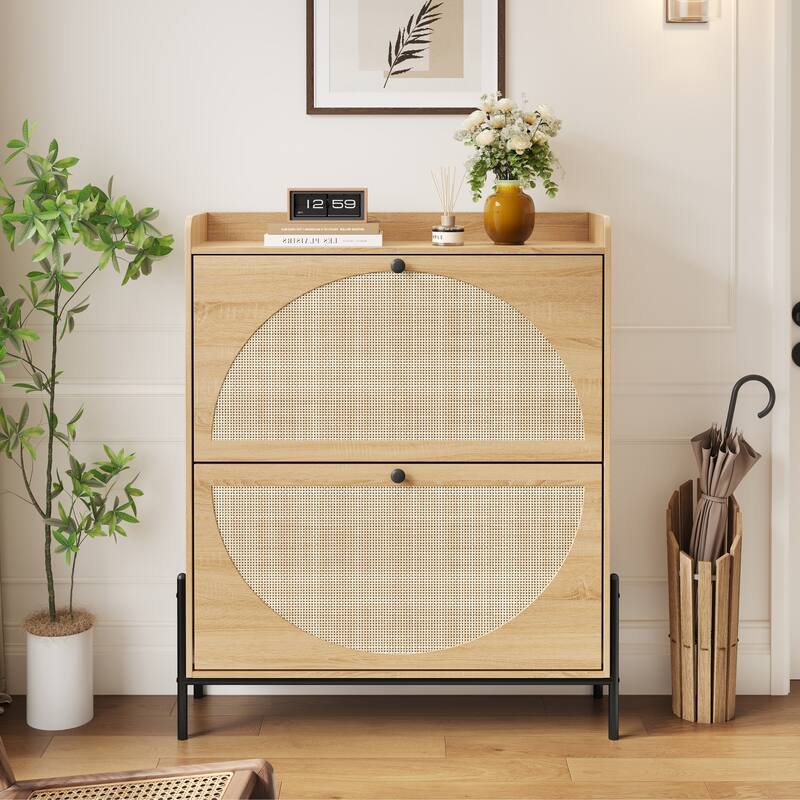 2-Drawer Wooden Shoe Cabinet with Rattan Doors/Narrow Freestanding Storage Organizer for Entryway - Bouguer Walnut
