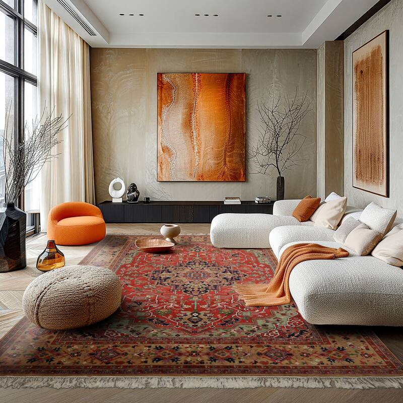 9x12 Hand Knotted New Zewland Wool Coral Heriz Traditional Rug - 9' x 12'