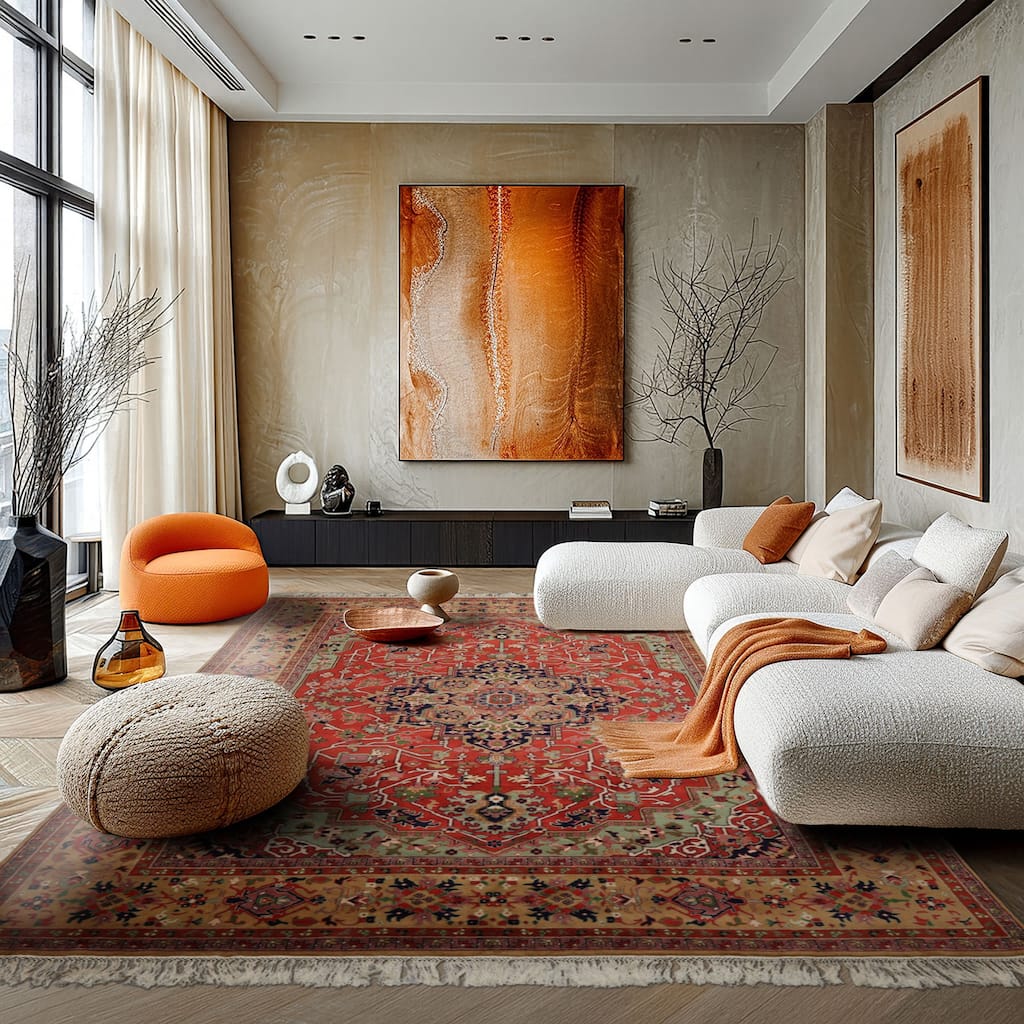 9x12 Hand Knotted New Zewland Wool Coral Heriz Traditional Rug - 9' x 12'