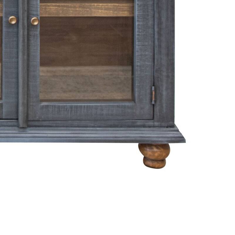 71 Inch Sideboard Console Table, 3 Drawers, 4 Glass Doors, Pine Wood, Blue