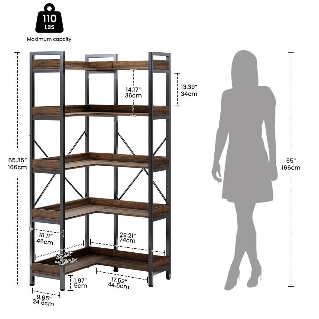 5-Tier Industrial Corner Bookshelf with Metal Frame and Wood Shelves