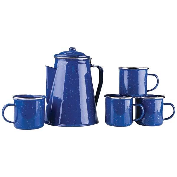 Stansport Enamel 8-Cup Coffee Pot with Percolator & Four 12oz Mugs