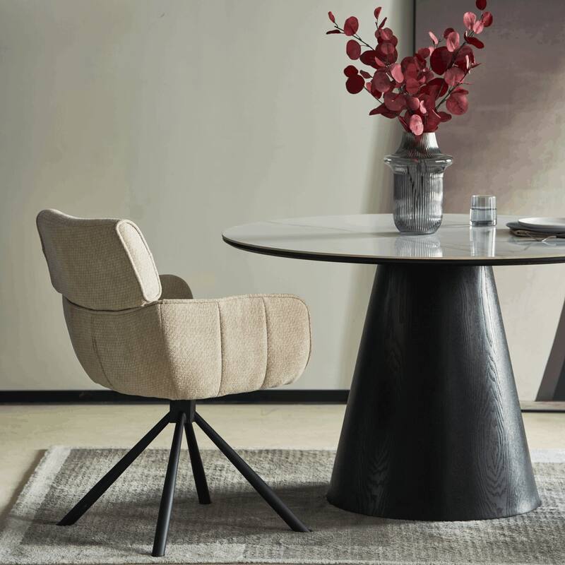 47" Round Dining Table with Sintered Stone Top and Ash Wood Base Riven Series