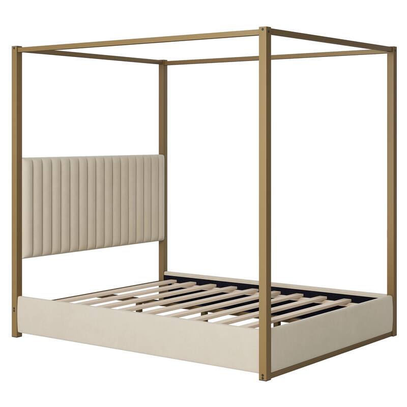 Queen Size Upholstered Canopy Bed, Metal Four Poster Platform Bed Frame with Vertical Striped Headboard, Wooden Slat Support