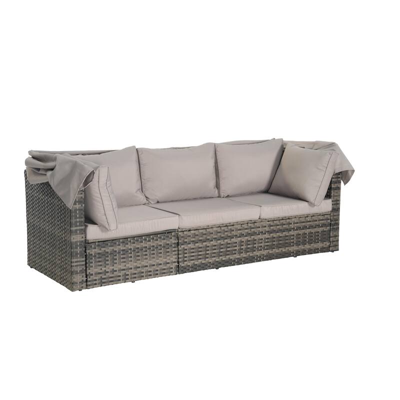 5-Piece Outdoor Patio Wicker Daybed Set with Retractable Canopy, Storable Table