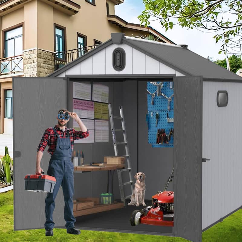 Waterproof Resin Garden Shed with Hinged Double Doors & Rain Gutter Weatherproof Storage Shed, Double Wall Panels