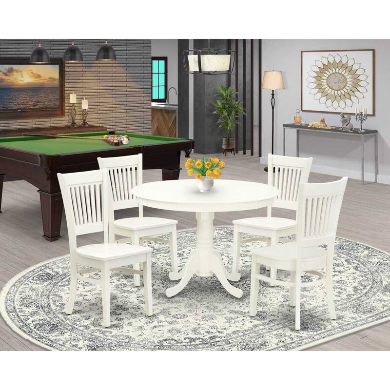 HomeStock 5-Piece Linen White Finish Solid Wood Top Dining table with 4 Chairs with Slat Back
