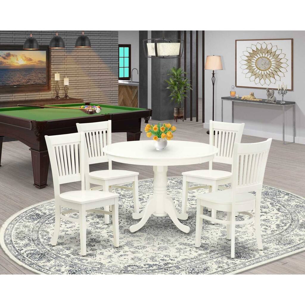 HomeStock 5-Piece Linen White Finish Solid Wood Top Dining table with 4 Chairs with Slat Back