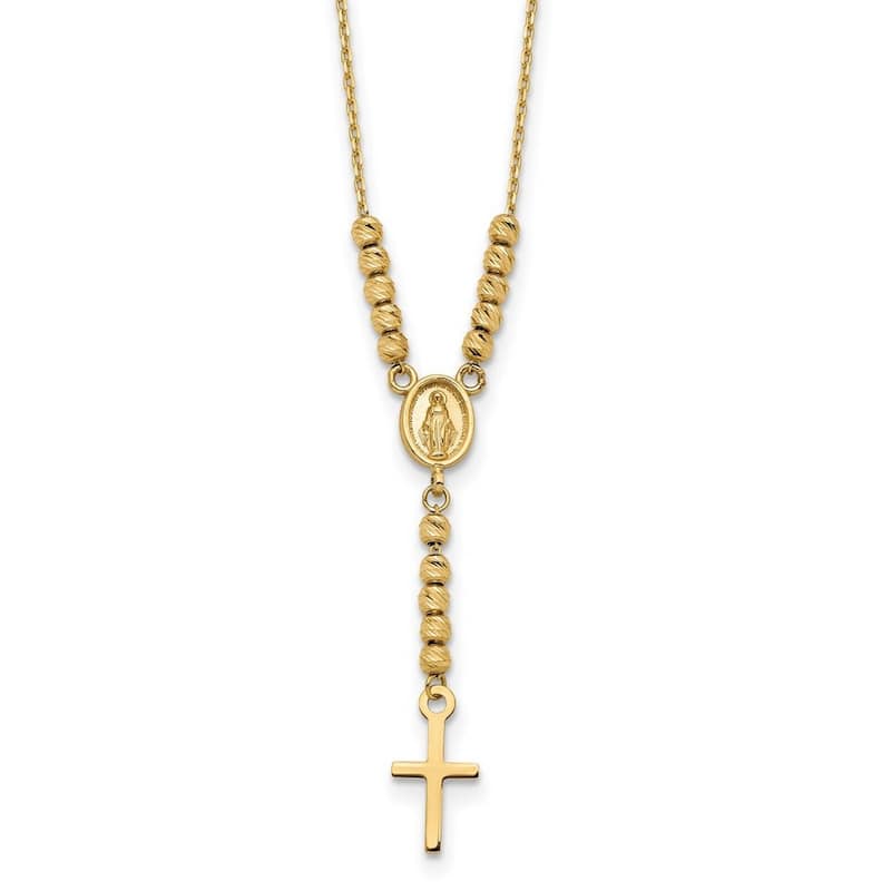 Curata 14k Yellow Gold Sparkle Cut Bead Miraculous Medal and Cross Necklace, 17"