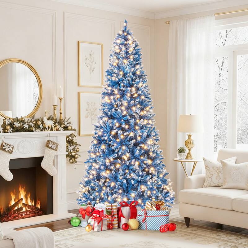 Gymax Pre-Lit Artificial Christmas Tree Blue Hinged Xmas Tree w/