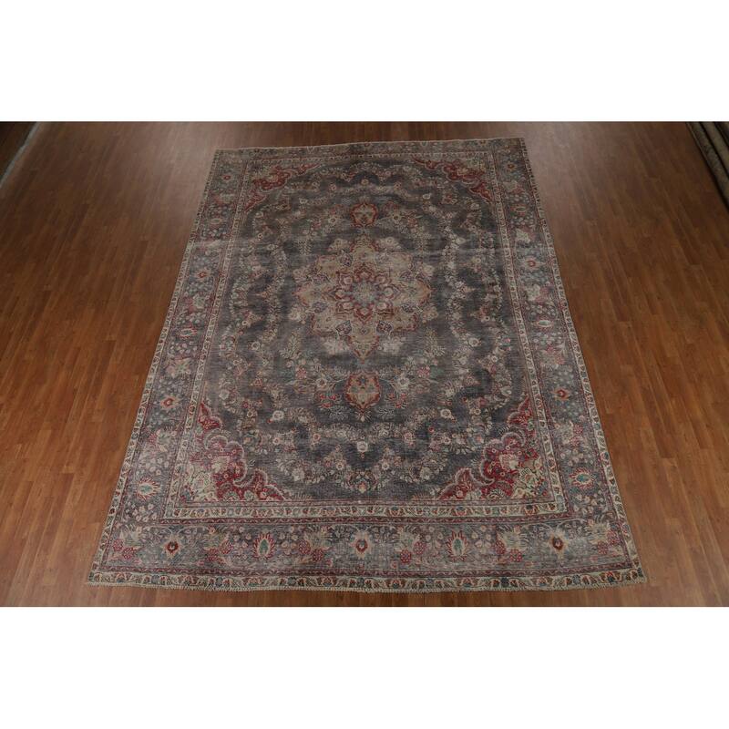 Vintage Navy Blue Tabriz Persian Area Rug Hand-Knotted Wool Carpet - 9'6" x 12'5"
