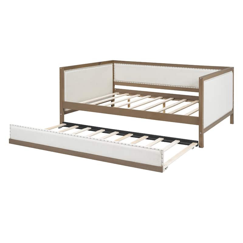Bedroom Nailhead Decoration Upholstered Bed Frame, Full Size Daybed with Wood Slat Support Pull-out Trundle Bed, White