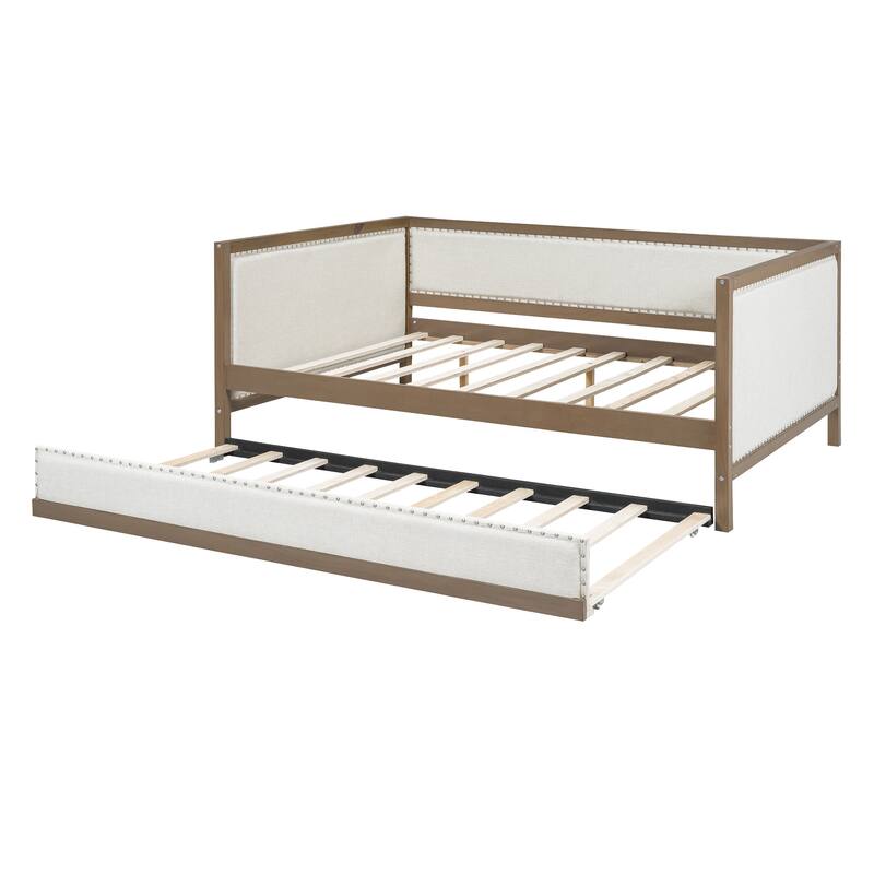 Full Size Linen Daybed with Trundle and Nailhead Decoration