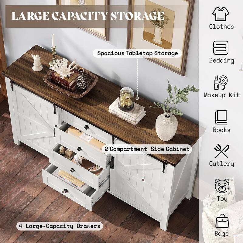 Farmhouse 4 Drawer Dresser for Bedroom, 59" Wood Dressers with Sliding Barn Doors