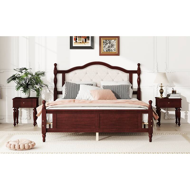 Roomfitters Queen Pine Wood Bed Frame with Upholstered Headboard and Panel Footboard, Platform Support Design, Cherry