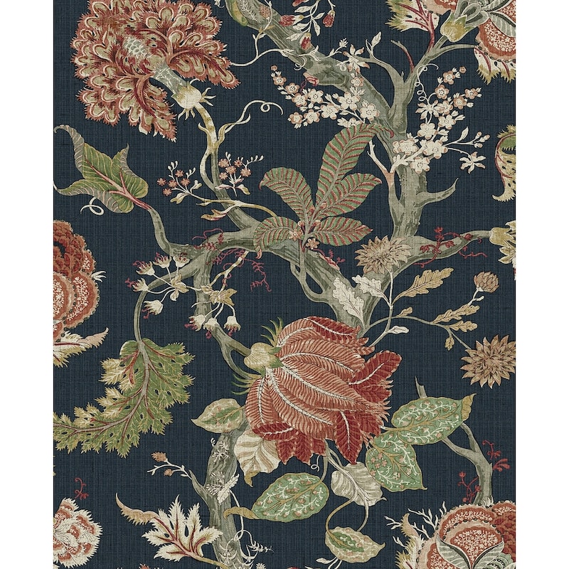 Harry & Grace Jacobean Trail Premium Matte Non-Woven Peel and Stick Wallpaper - 20.5 in. W x 18 ft. L - Midnight Blue & Carmine