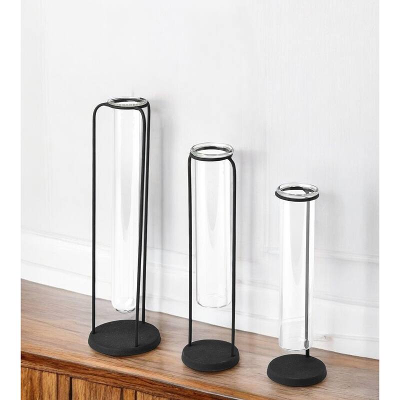 HomeRoots Set of Three Black Abstract Cylinder Metal Table Vase - 3" W x 11" H x 3" D