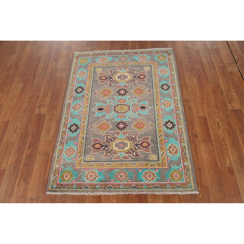 Gray Kazak Foyer Rug Hand-Knotted Geometric Wool Carpet - 2'8"x 3'9"