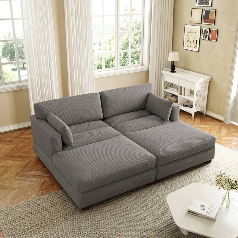 Corduroy Modular Sectional Sofa Deep Seat Corner Sofas & Ottomans - Light Grey