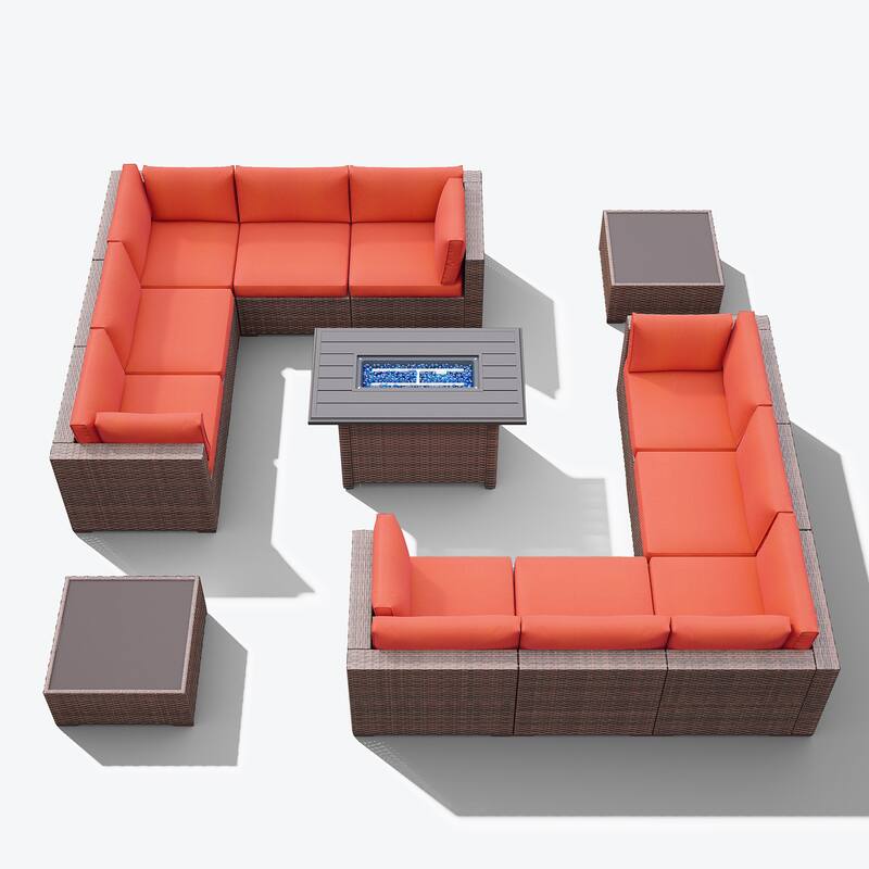 13 Piece Wicker Set Patio Sofa Furniture with Fire Pit And Table